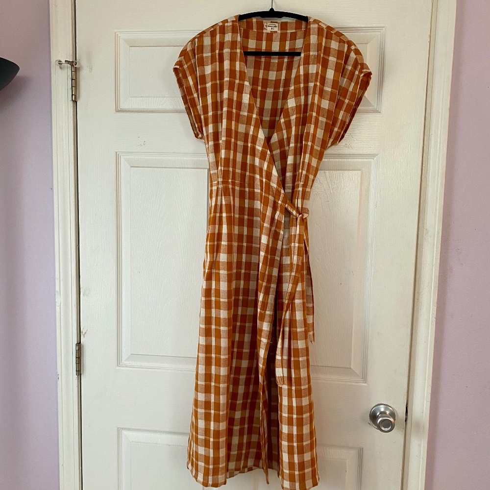 Bridge & Burn Saria Plaid Cotton Wrap Dress Orange and White Size M